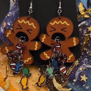 Gingerbread Man Earrings with Candy Charms